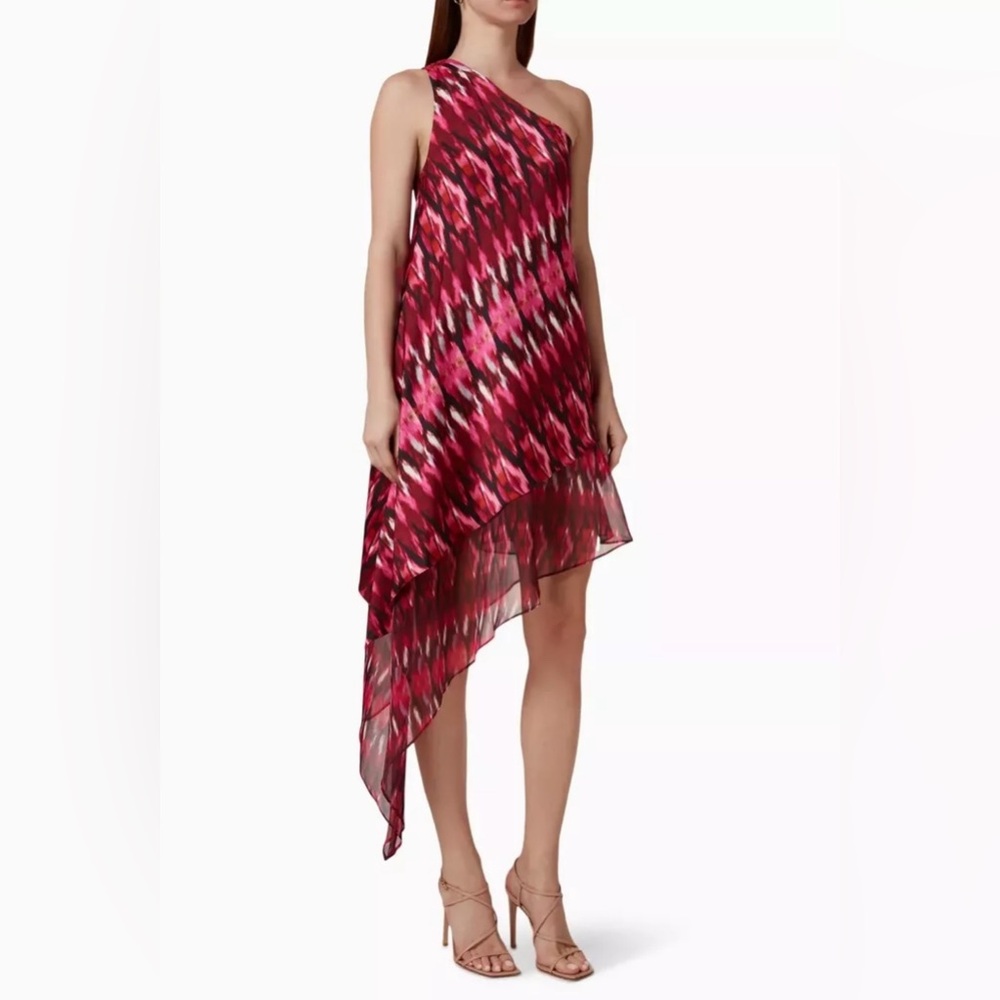 Misa Los Angeles Yasmin Ikat Print One Shoulder Trapeze Dress in Chiffon
